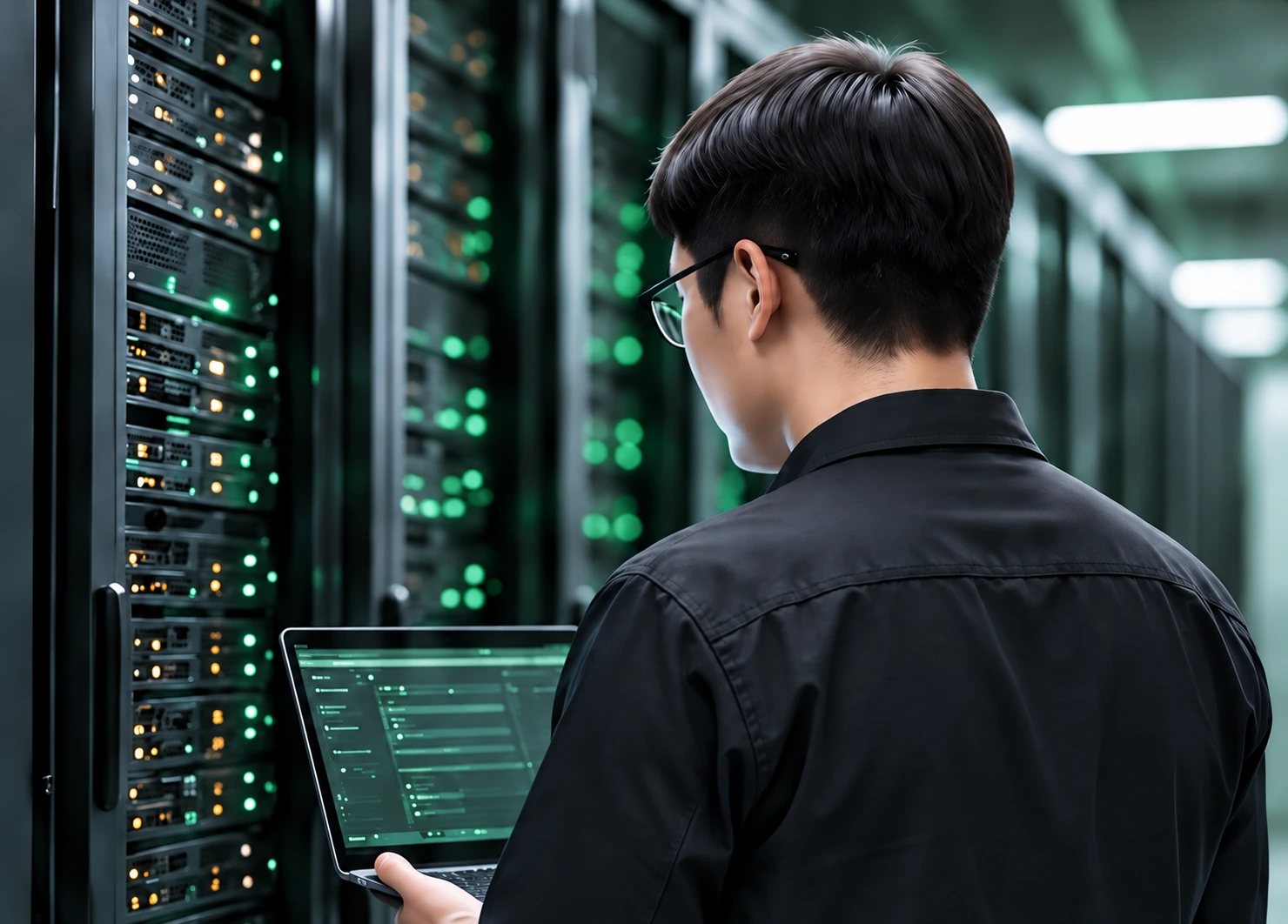 Engineer inspecting a server rack — AI-generated illustration